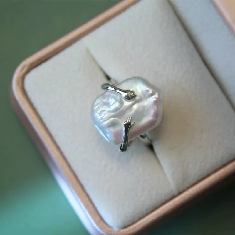 Natural Square Pearl Embrace Ring in S925 Sterling Silver, Adjustable Open Ring