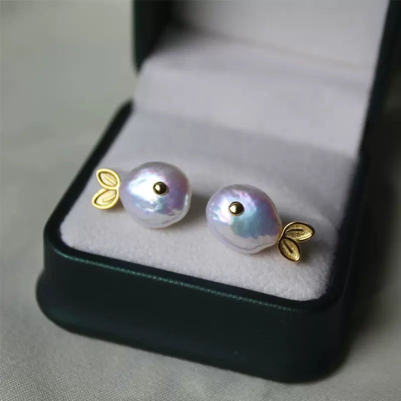 Baroque Pearl Small Fish Stud Earrings with Aurora Borealis Button Whale in S925 Sterling Silver