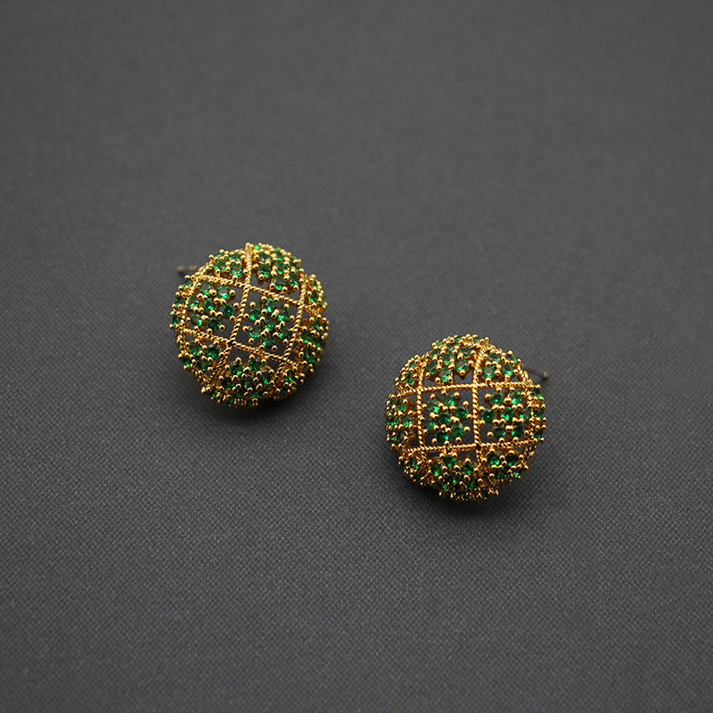 Luxurious Floral-Embellished Green Zirconia Stud Earrings, Gold-Plated Circular Design, Elegant Jewelry for Sophisticated Evenings and Celebratory Occasions