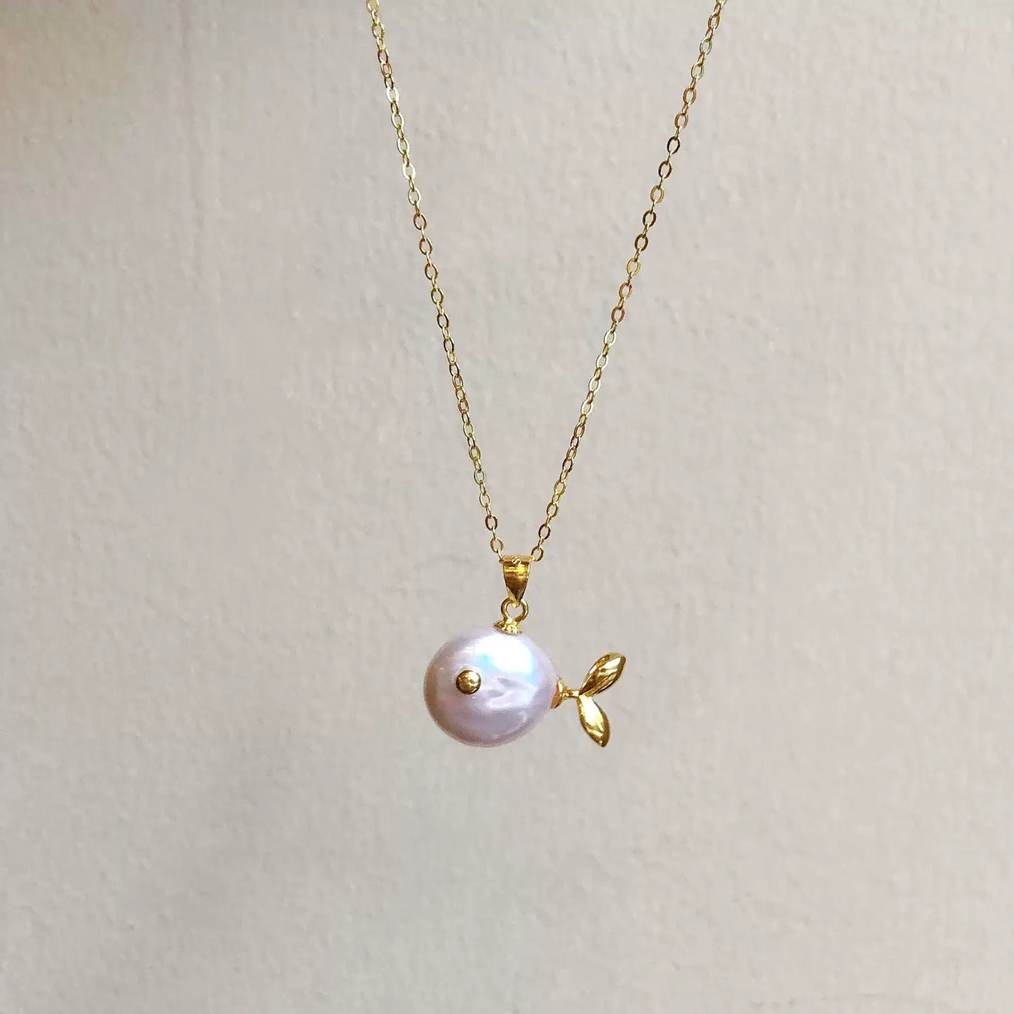 Natural Baroque Pearl with Aurora Borealis Button and Small Fish Pendant in S925 Sterling Silver Necklace