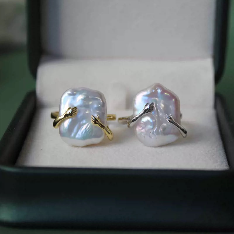 Natural Square Pearl Embrace Ring in S925 Sterling Silver, Adjustable Open Ring
