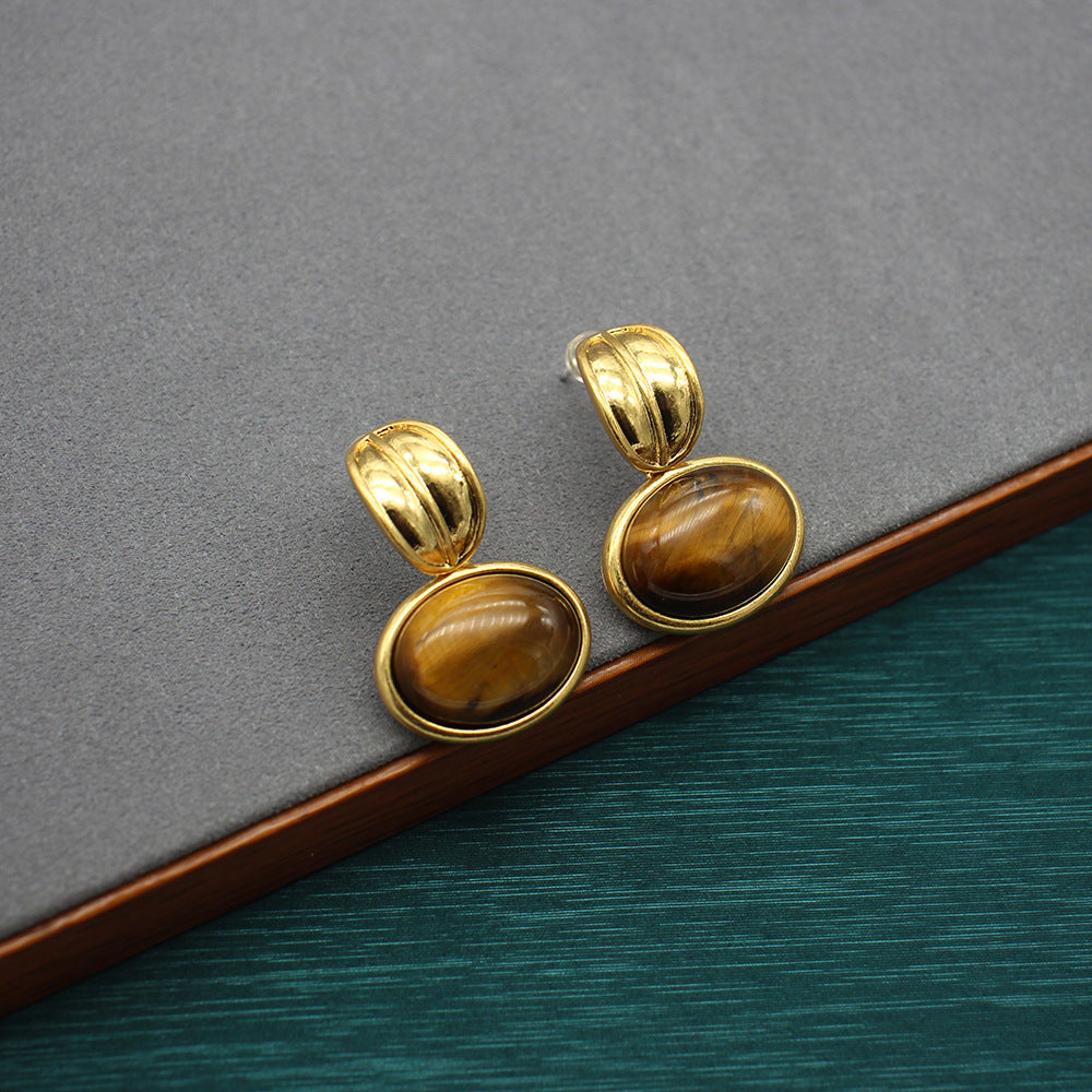 Elegant Tiger’s Eye Stone Necklace and Earrings Set, Versatile Gold-Tone Jewelry, Perfect for Bohemian Chic and Sophisticated Styles