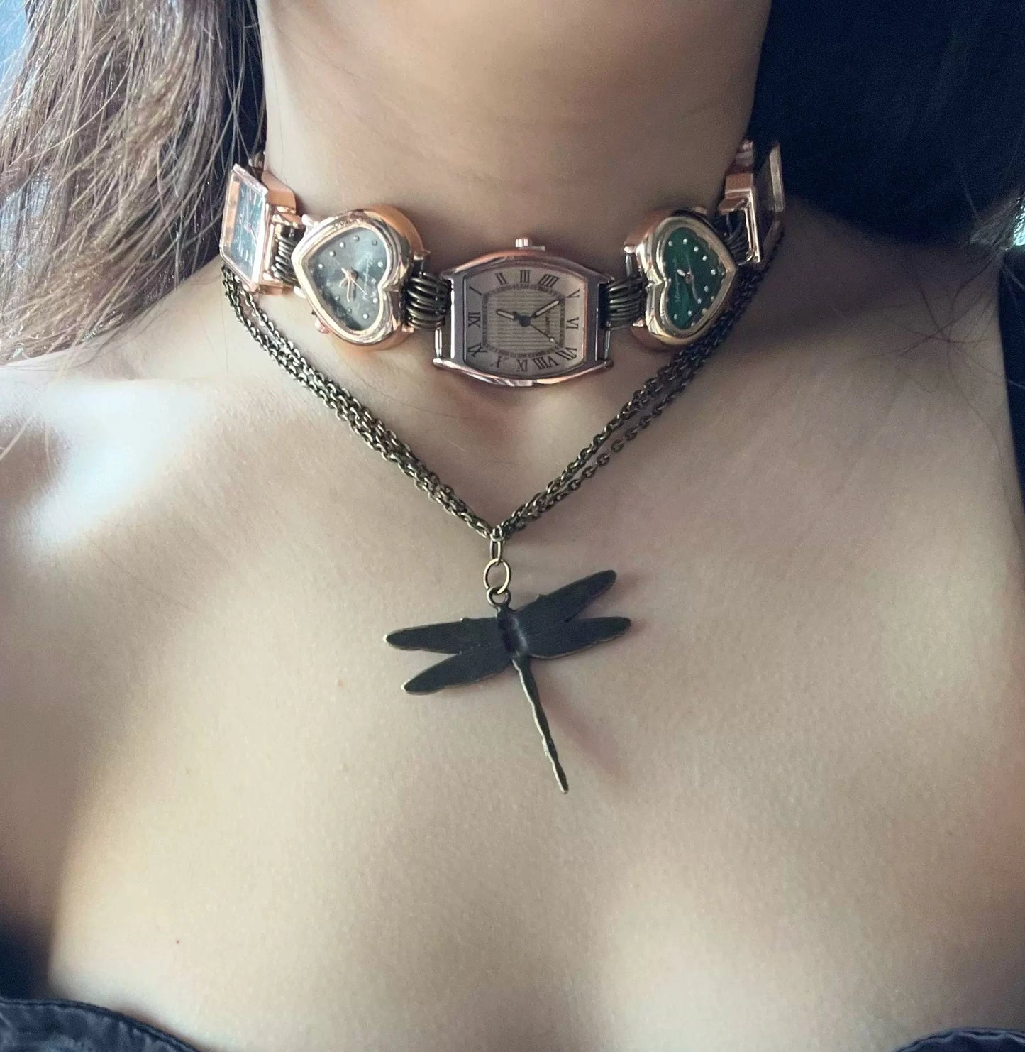Cyber Punk Vintage Watch choker,Dragonfly Pendant Layered Necklace, Y2K accessory, Perfect Unique Gift for Man and Woman