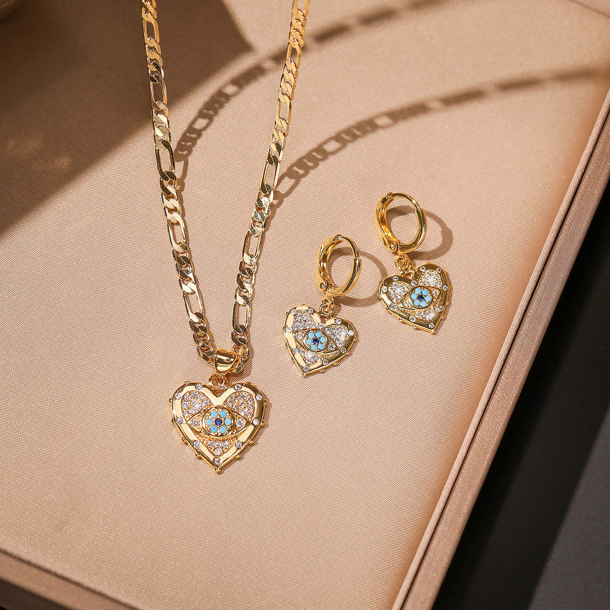 Heart Evil Eye Pendant Necklace and Earring Set ,GoldPlated with Zircon Accents
