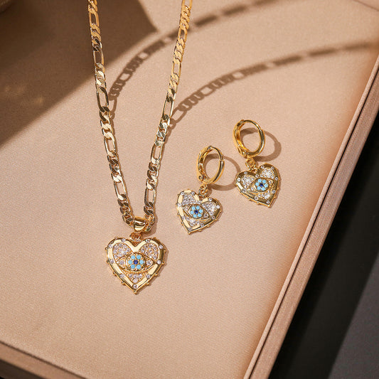 Heart Evil Eye Pendant Necklace and Earring Set ,GoldPlated with Zircon Accents