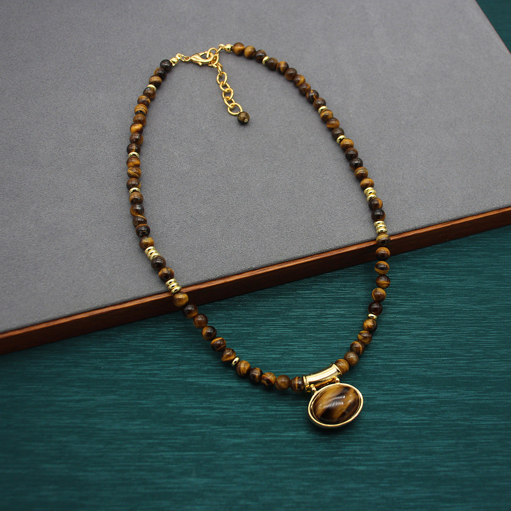Elegant Tiger’s Eye Stone Necklace and Earrings Set, Versatile Gold-Tone Jewelry, Perfect for Bohemian Chic and Sophisticated Styles