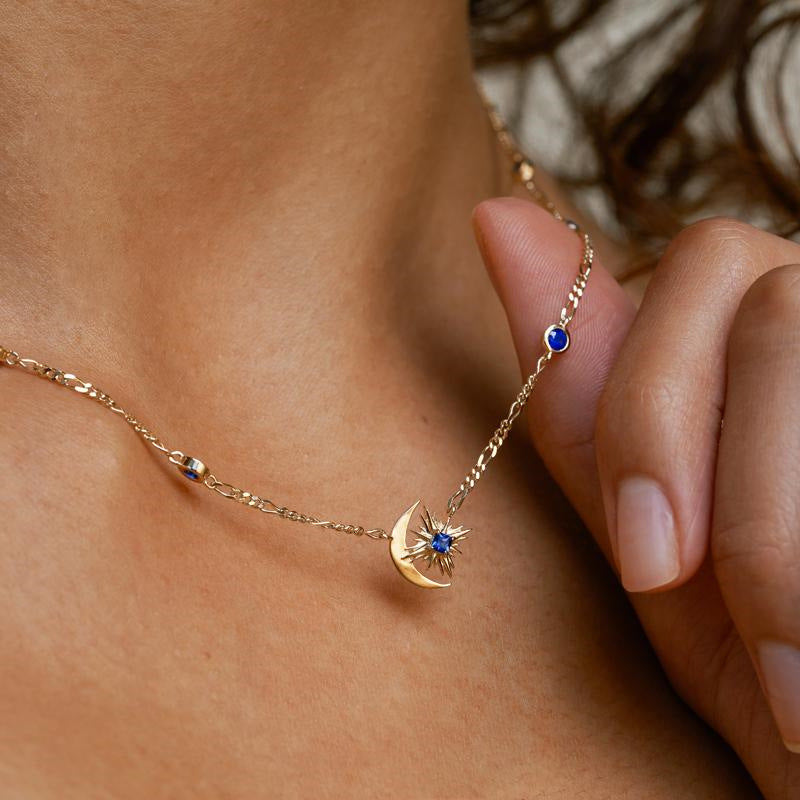 Retro Star Moon Blue Sapphire Starburst Necklace, Copper Plated with Real Gold, Sweater chain