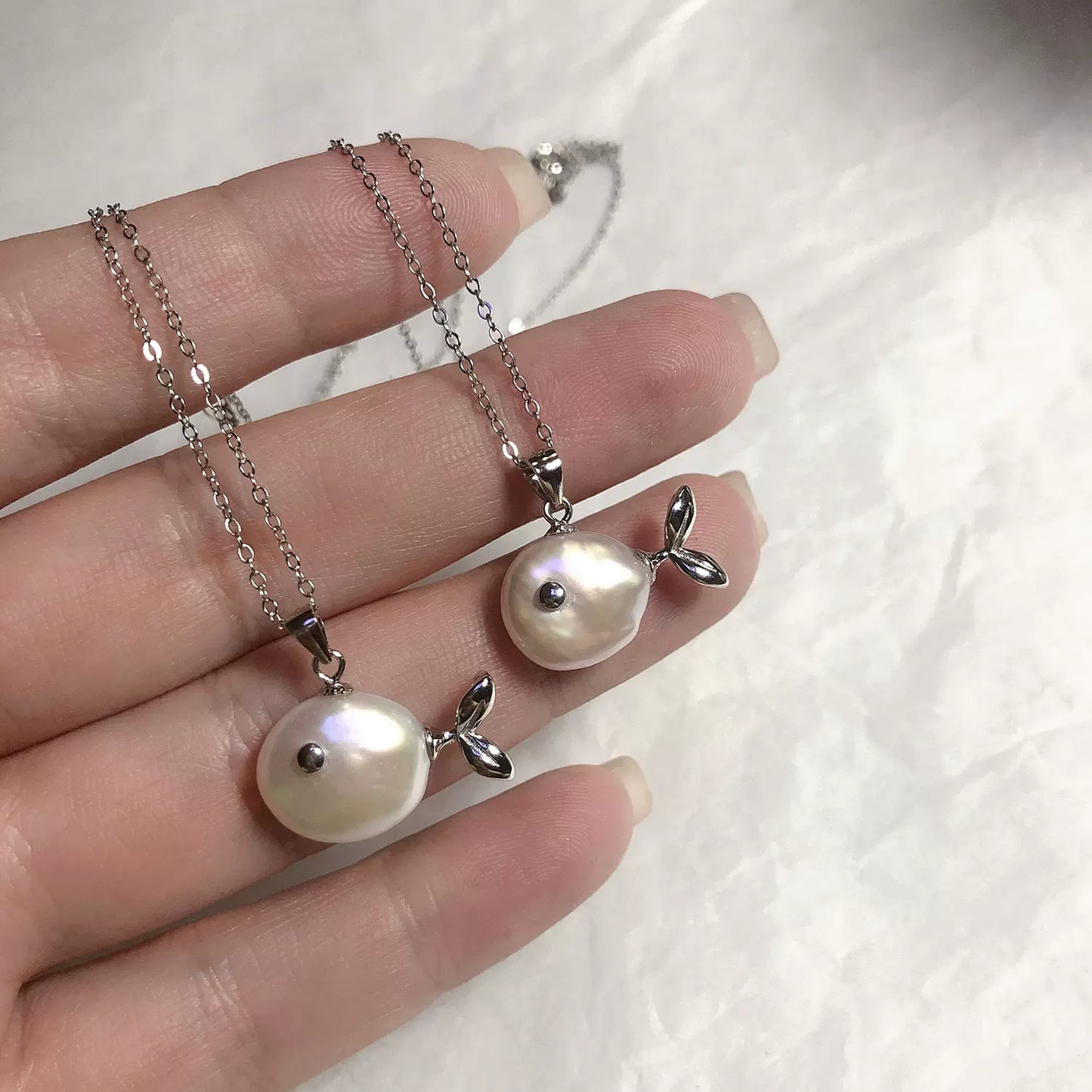 Natural Baroque Pearl with Aurora Borealis Button and Small Fish Pendant in S925 Sterling Silver Necklace