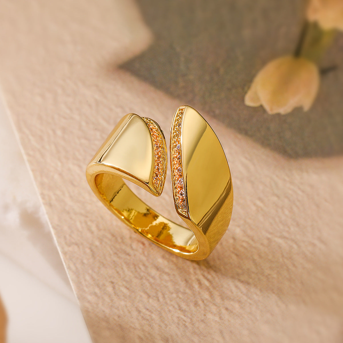 Elegant Geo 18K Gold-Plated Copper Ring with Zircon Detailing,Adjustable Statement Ring for Woman