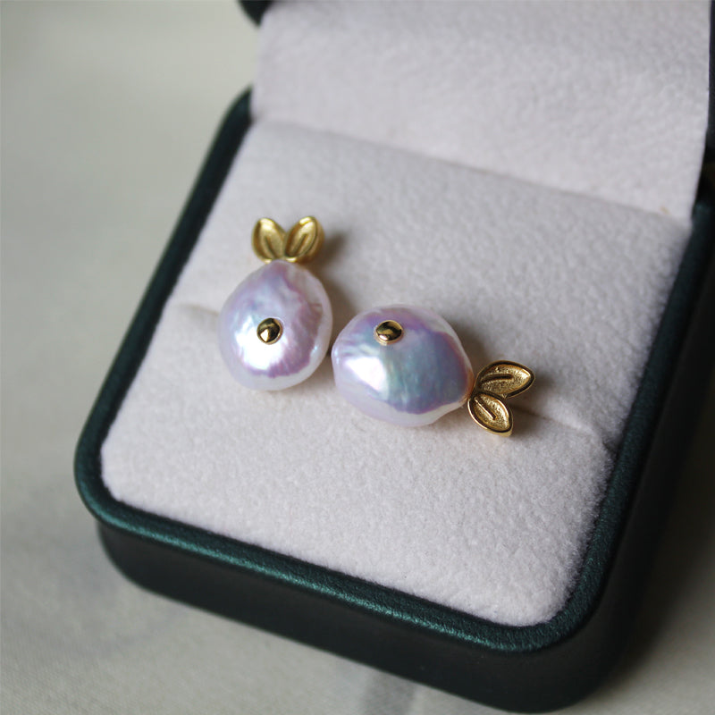 Baroque Pearl Small Fish Stud Earrings with Aurora Borealis Button Whale in S925 Sterling Silver