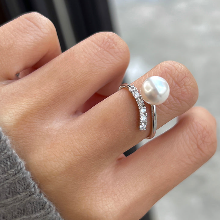 Sterling Silver Ring in S925, Set Austrian Swarovski Pearl Ring, Unique Chic Upscale Ring