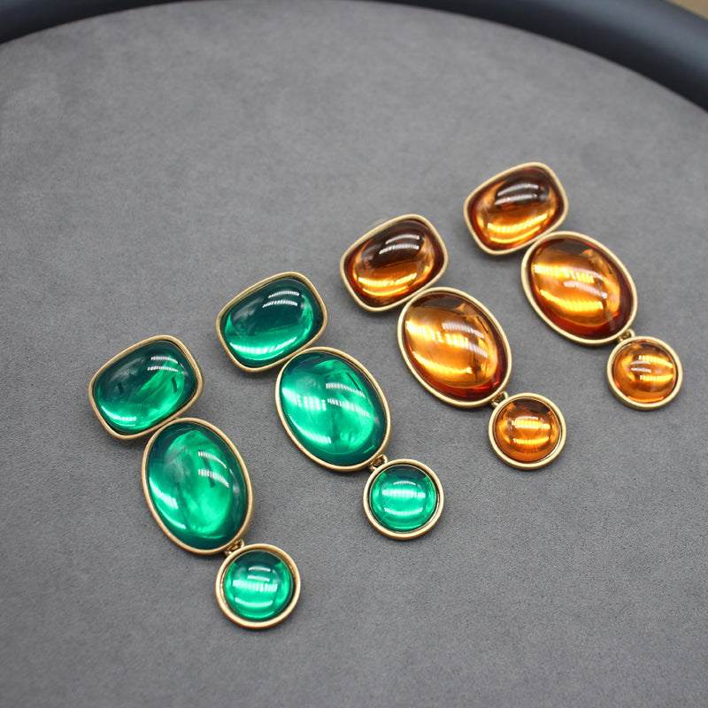 Baroque-Inspired Geometric Oval Earrings - Green & Amber Stone Accents, Fashion-Forward Metallic Design, Perfect for Trendy Outfits & Stylish Events, Must-Have Accessory