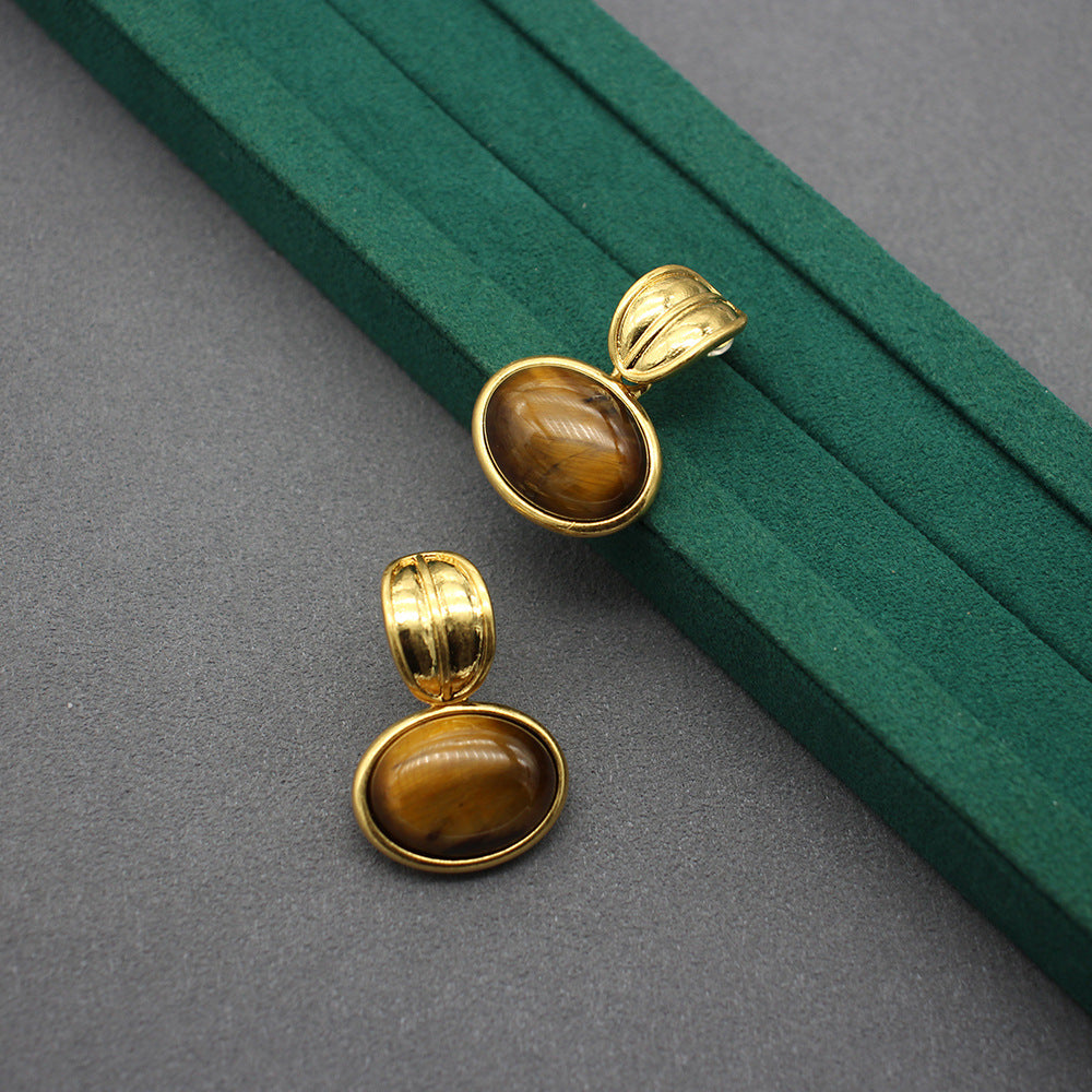 Elegant Tiger’s Eye Stone Necklace and Earrings Set, Versatile Gold-Tone Jewelry, Perfect for Bohemian Chic and Sophisticated Styles