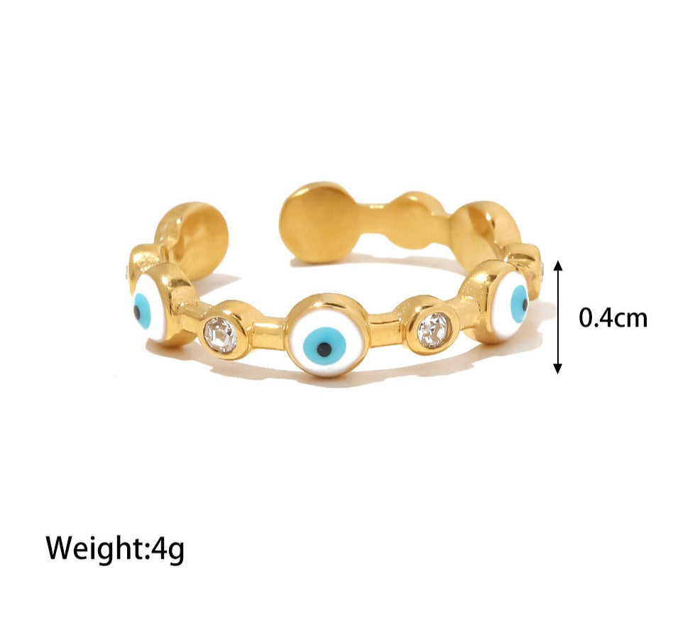 18K Gold-Plated Stainless Steel Evil Eye Ring, Fashionable Adjustable Titanium Steel Band
