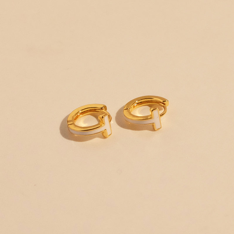 Minimalist Stylish T-Shape Hoop Earrings, White Enamel Polished, High-End Quality