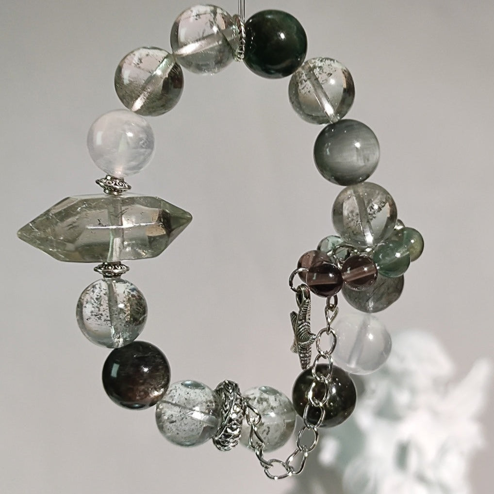 Natural Green Phantom Crystal Bracelet, Green Lithium Muscovite, Hawk's Eye Stone, Main Beads 12mm+, Default 16cm Wrist Size