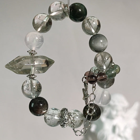 Natural Green Phantom Crystal Bracelet, Green Lithium Muscovite, Hawk's Eye Stone, Main Beads 12mm+, Default 16cm Wrist Size