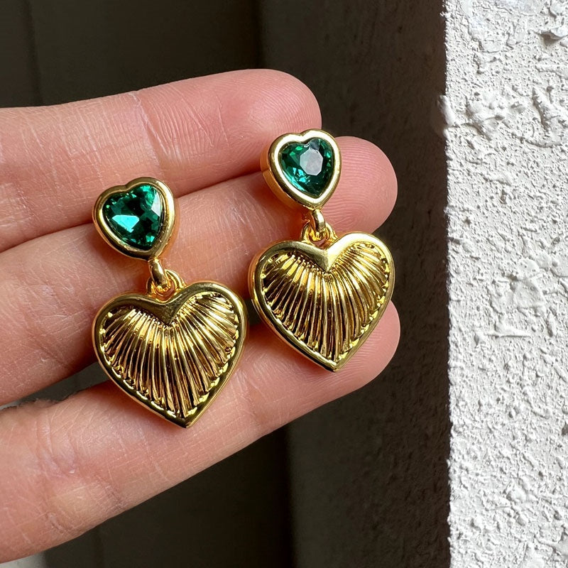 French Vintage Metal Love Earrings, Minimalist Design, Green & Black Options