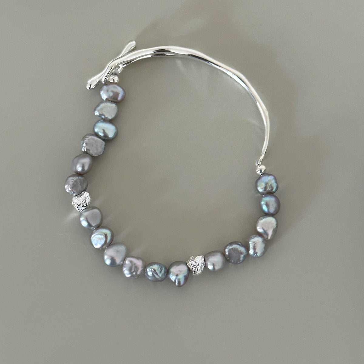925 Sterling Silver Baroque Freshwater Grey Pearl Bangle, Women's Exquisite Wrist Adornment, 6cm Diameter