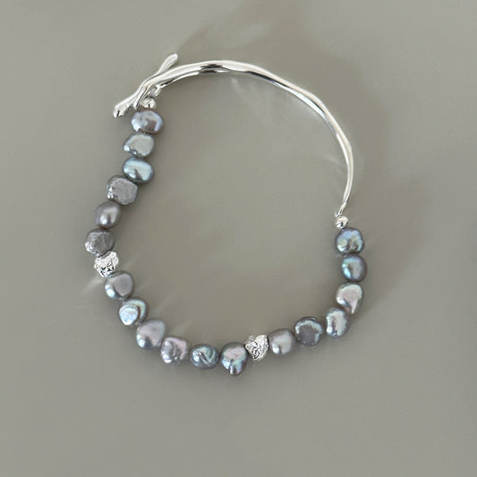 925 Sterling Silver Baroque Freshwater Grey Pearl Bangle, Women's Exquisite Wrist Adornment, 6cm Diameter