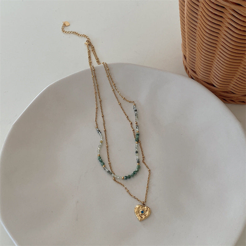 Bohemian Gold-Plated Green Heart Necklace, Shell and Wood Beads, Natural Stone Collar