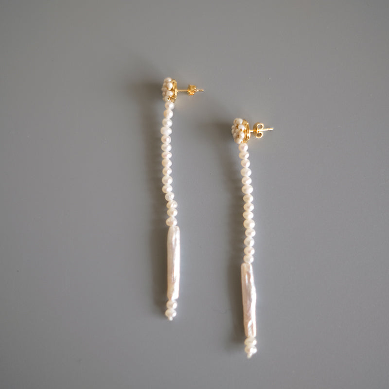 Long Chinese-Style Earrings, Pearl and Apatite Clips