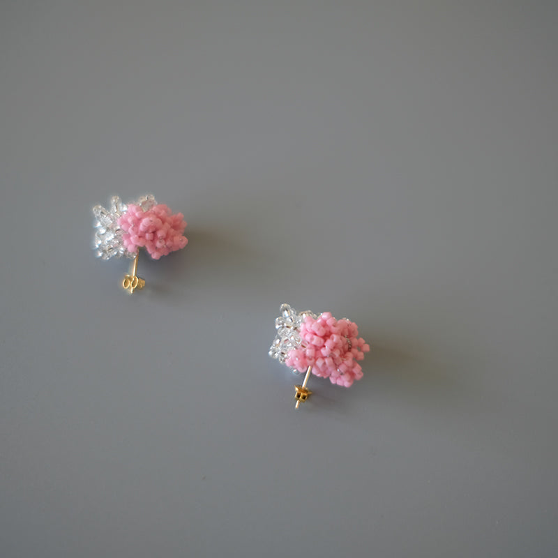 Pink and Silver Two-Tone Earrings, Beaded Crochet Studs and Clips
