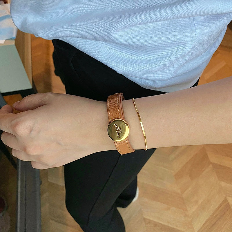 Genuine Leather Brass Cuff, Gold Coin Bracelet, Adjustable Size