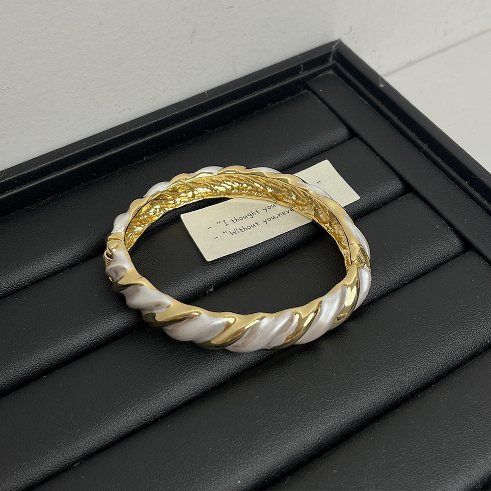 Gold and White Enamel Floral Open Bangle Bracelet