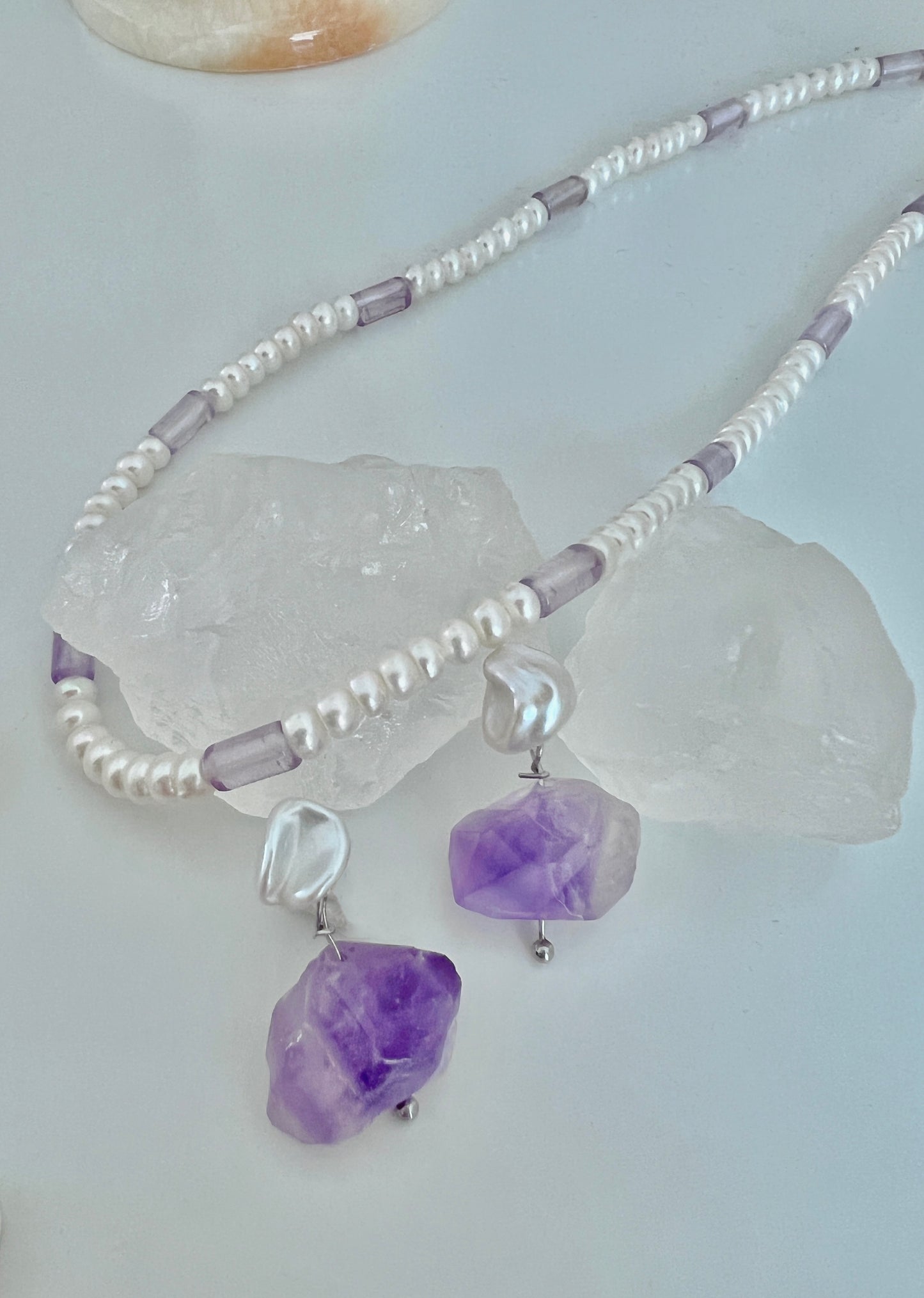 Fresh Aesthetic Purple Crystal & Freshwater Baroque Pearl Earrings & Pendant Necklace, Original Design