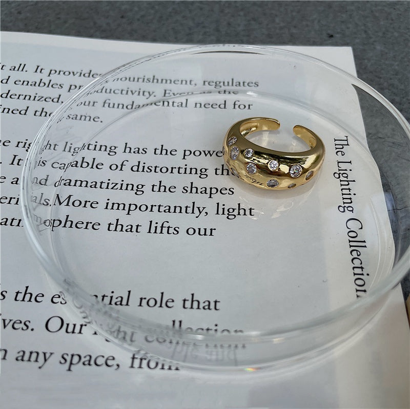 Gold-Plated Brass Open Ring, Crystal Pave, Circular Arc Design, Adjustable One Size