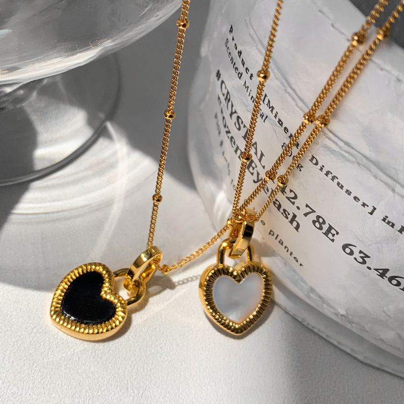 Black & White Mother-of-Pearl Heart Earrings, Luxury Minimalist Design, 24K Gold-Plated Brass