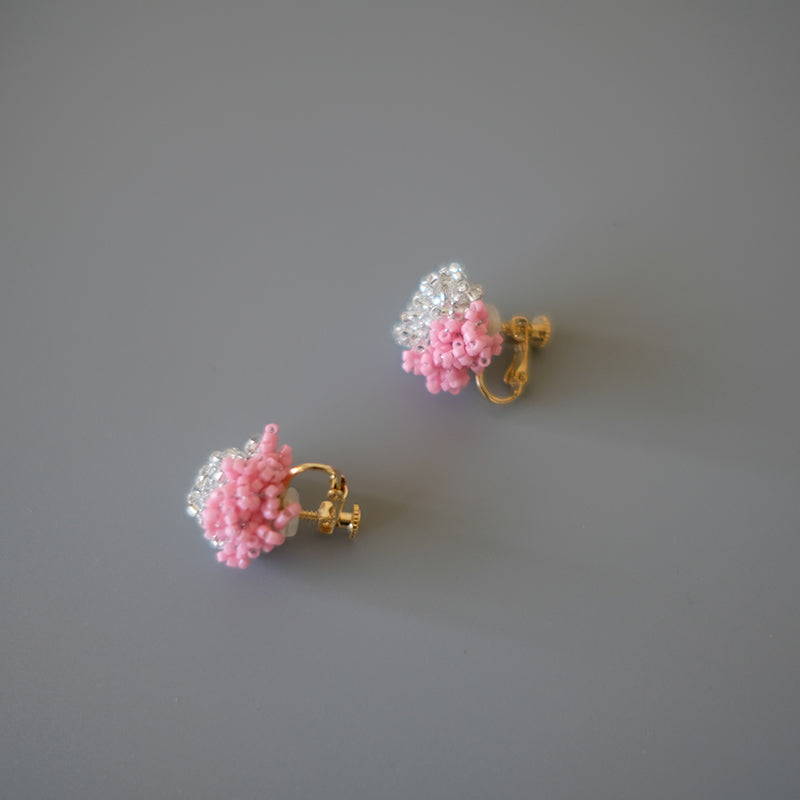 Pink and Silver Two-Tone Earrings, Beaded Crochet Studs and Clips