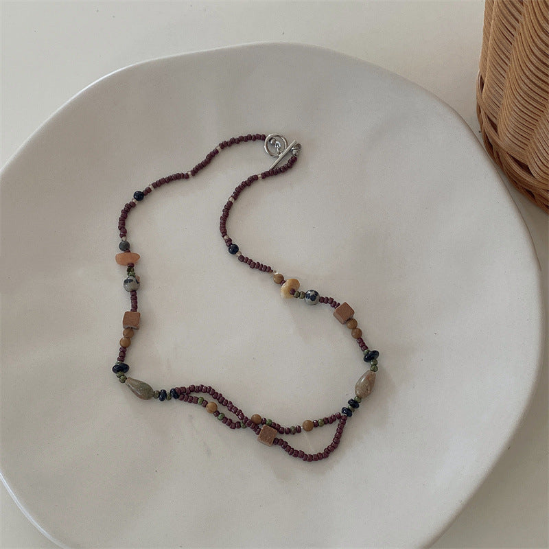 Bohemian Gold-Plated Green Heart Necklace, Shell and Wood Beads, Natural Stone Collar