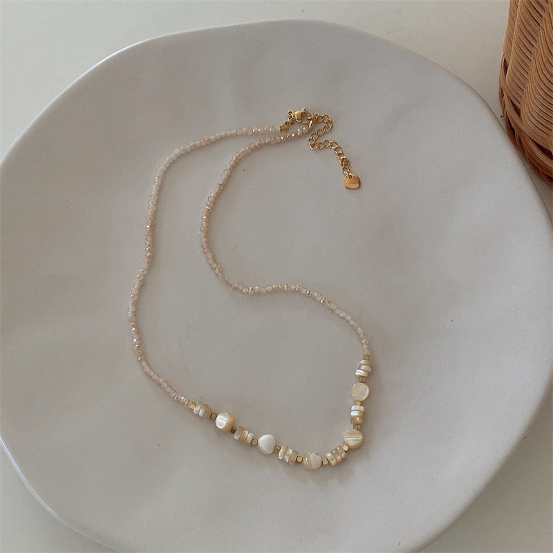 Bohemian Gold-Plated Green Heart Necklace, Shell and Wood Beads, Natural Stone Collar