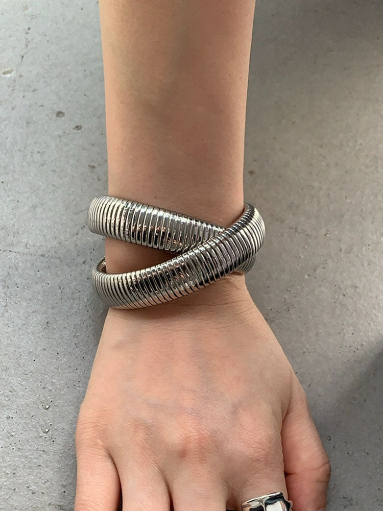 Triple Loop Elastic Bracelet, Vintage Style, Exaggerated Textured Cuff, Titanium Steel Stackable Bangle