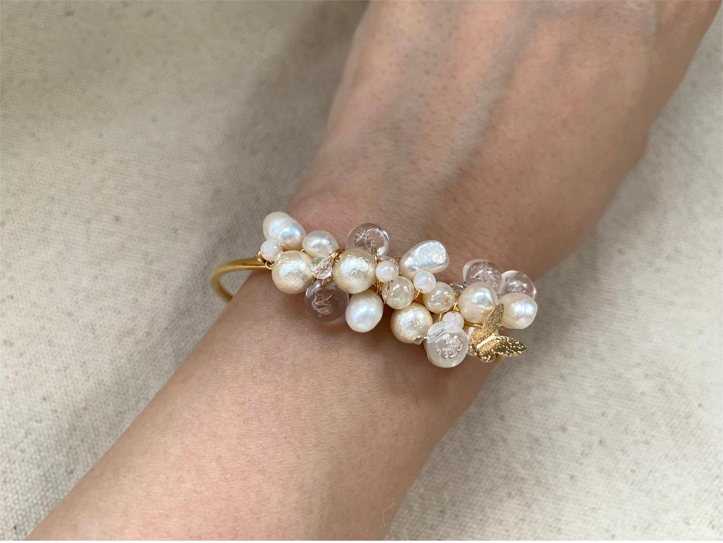 Vintage Bubble Resin Bead & Freshwater Pearl Cuff Bracelet with Hair Comb