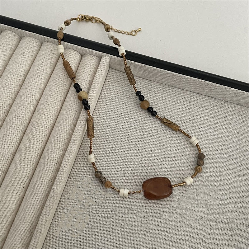 Vintage Gold Ellipse Pendant Bead Necklace, Women's Stylish & Versatile, Unique Design