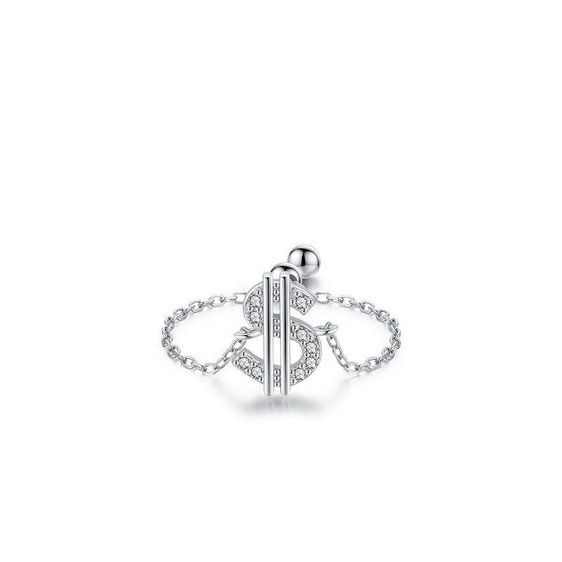 Sterling Silver Ring with Chain Design, Zirconia Inlay, Adjustable Size, Different Choice with Crystals for Women and Girls