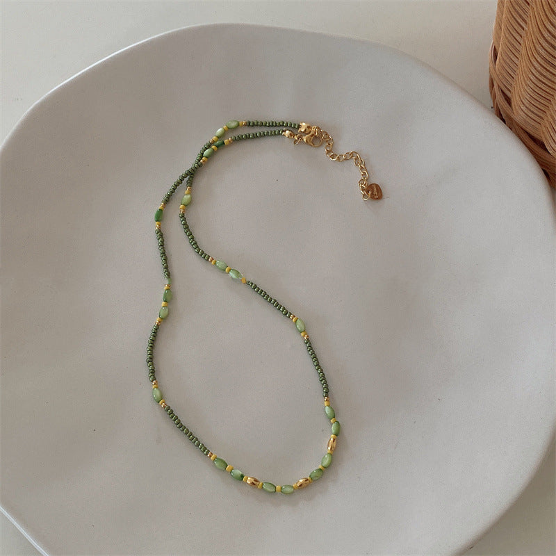Bohemian Gold-Plated Green Heart Necklace, Shell and Wood Beads, Natural Stone Collar