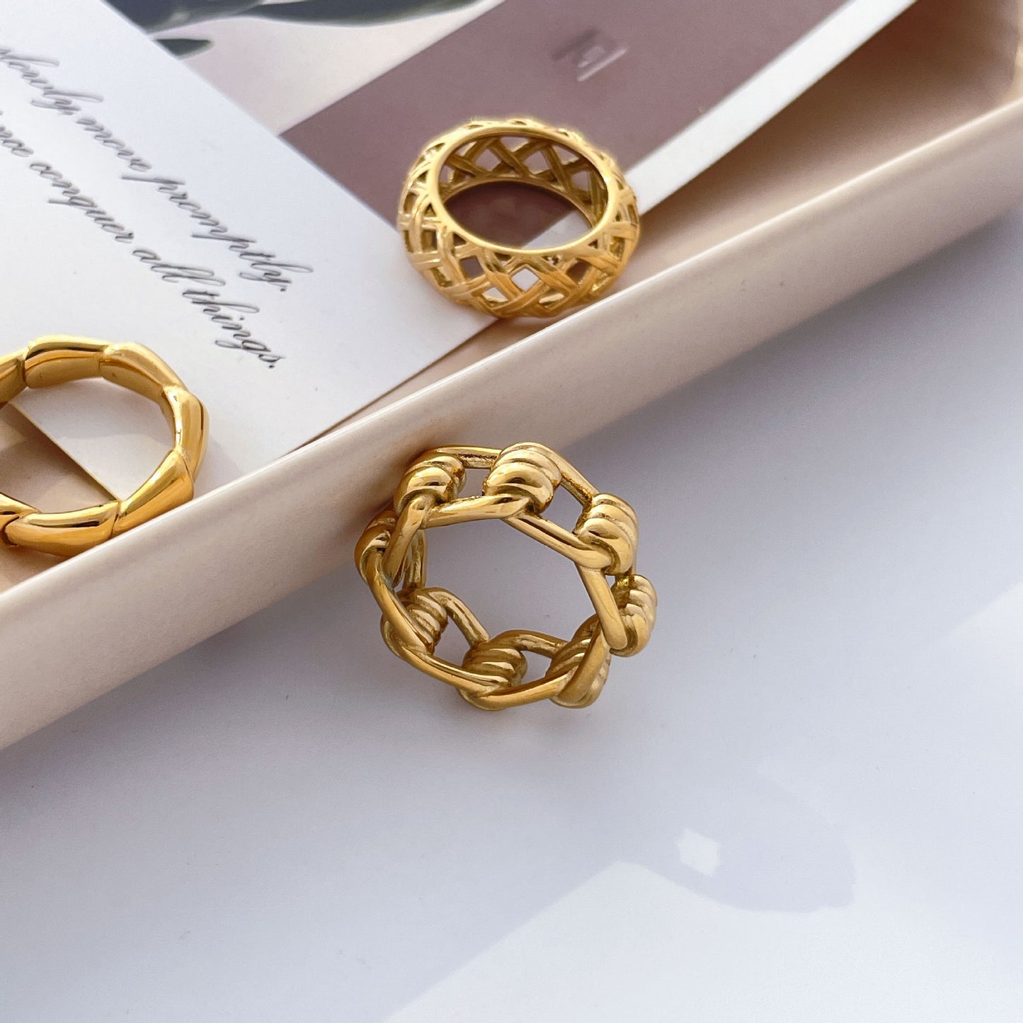 Bamboo Weave Openwork Ring, Wave Design, Titanium Steel, 18K Gold-Plated