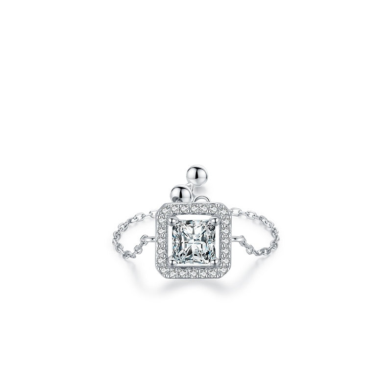 Sterling Silver Ring with Chain Design, Zirconia Inlay, Adjustable Size, Different Choice with Crystals for Women and Girls