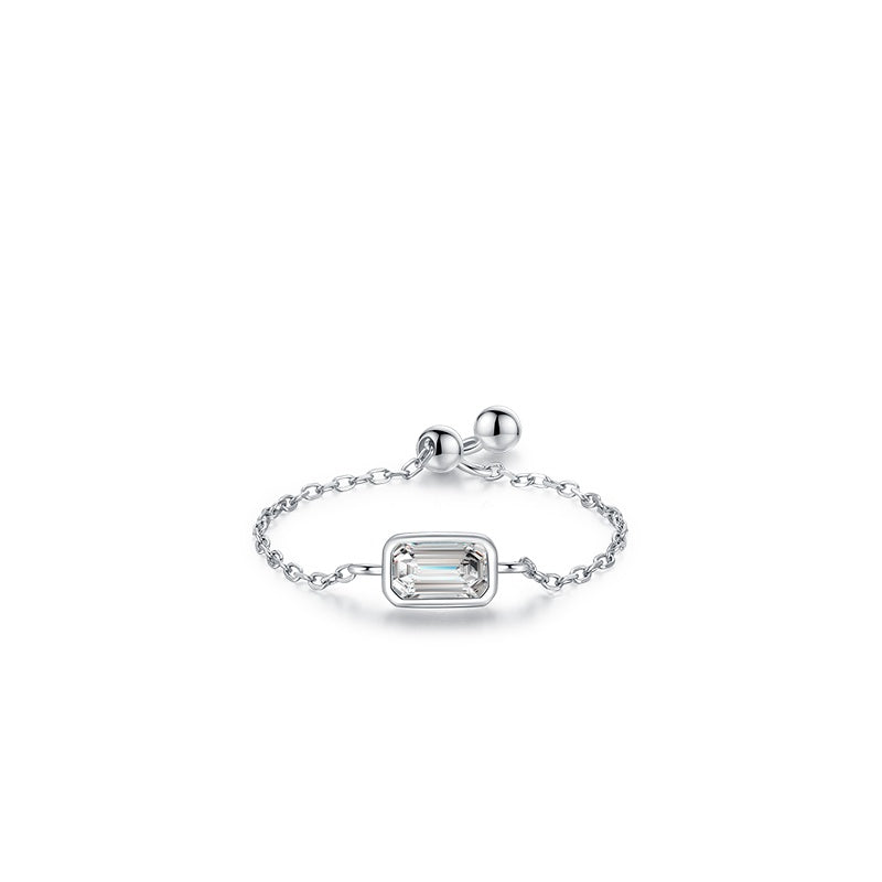 Sterling Silver Ring with Chain Design, Zirconia Inlay, Adjustable Size, Different Choice with Crystals for Women and Girls