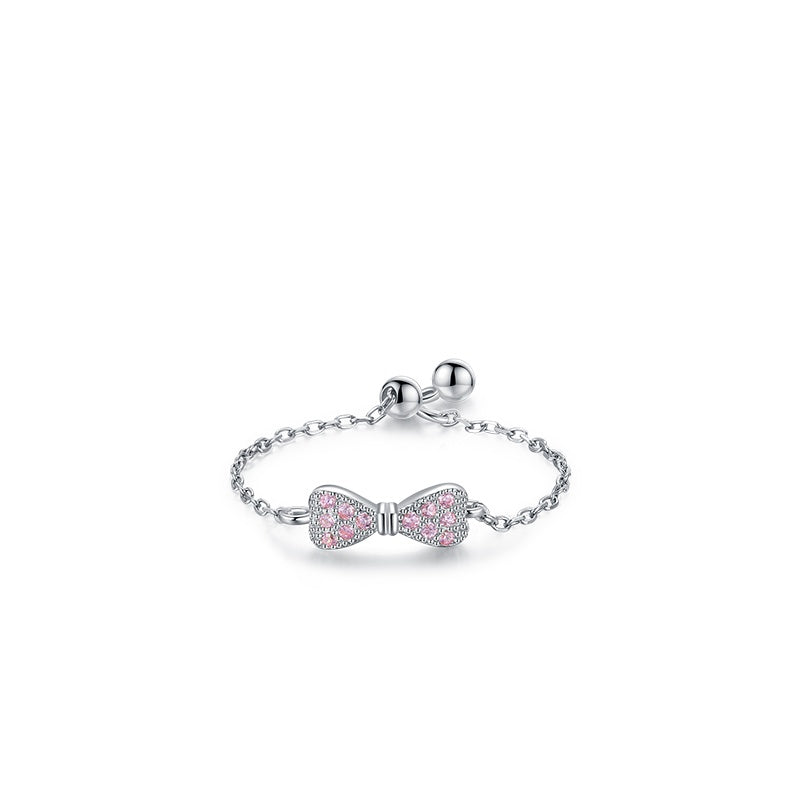 Sterling Silver Ring with Chain Design, Zirconia Inlay, Adjustable Size, Different Choice with Crystals for Women and Girls