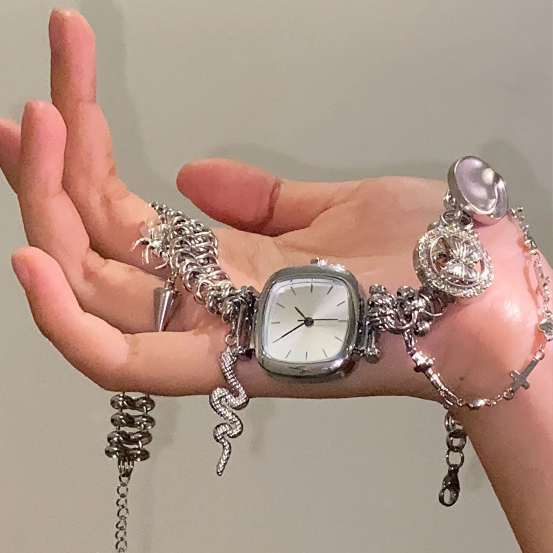 Cyber Punk Vintage Chunky Metal Chain Snake Necklace,Silver Watch Pendant Choker, Trendy Jewelry, Y2KAccessories, Perfect Unique Handmade Gift