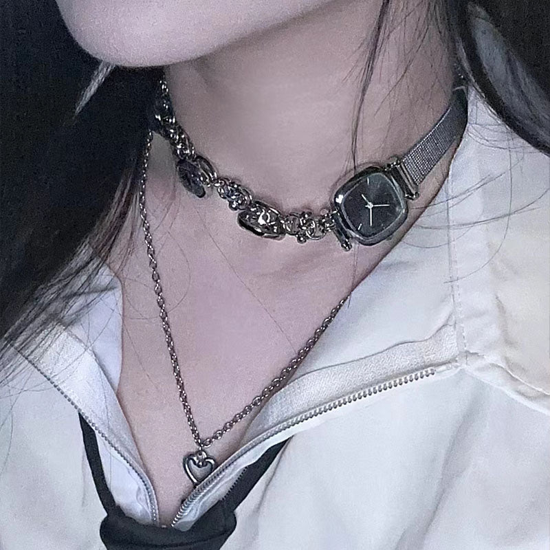 Cyberpunk silver watch chunky chain necklace & bracelet (two ways to wear), key pendant layered necklace, trendy and cool, Y2K necklac