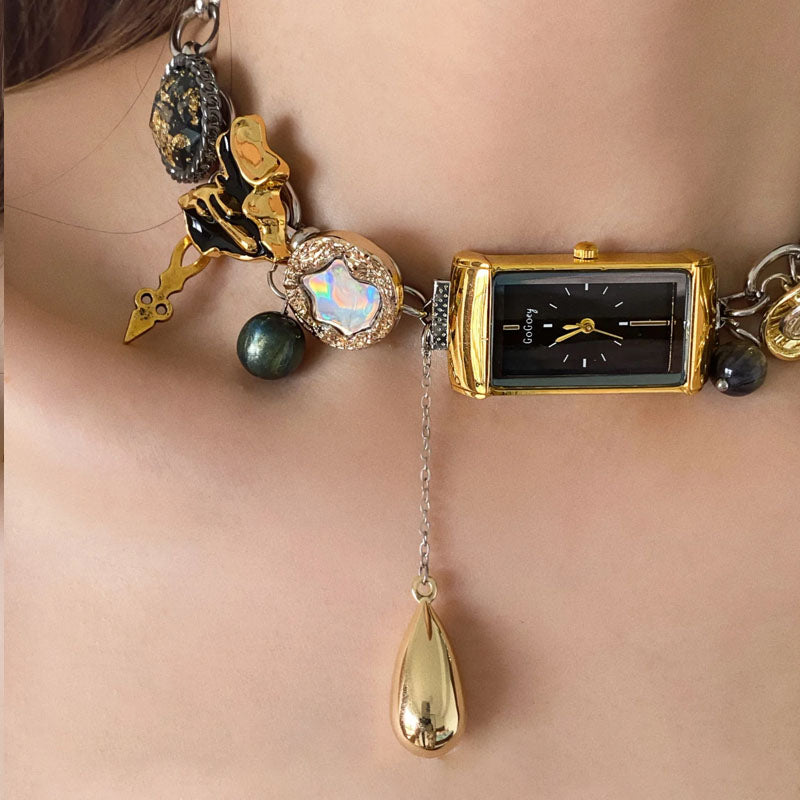 Handmade beaded button watch titanium steel necklace, golden water droplet shape choker necklace jewelry, vintage punk, Y2K necklace, unique stylish gift.