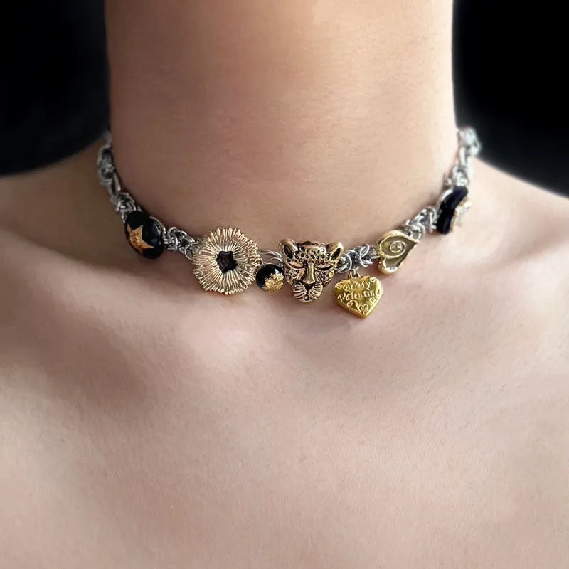 Layered leopard and cat metal vintage necklaces, punk retro style, Y2K necklace, creative and unique, perfect gifts for men & women