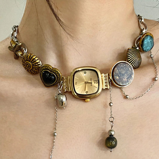 Vintage Necklace Y2K Punk Handmade Button Bead Watch Pendant Choker Titanium Steel Necklace, Unique Jewelry Gift for Women and Man