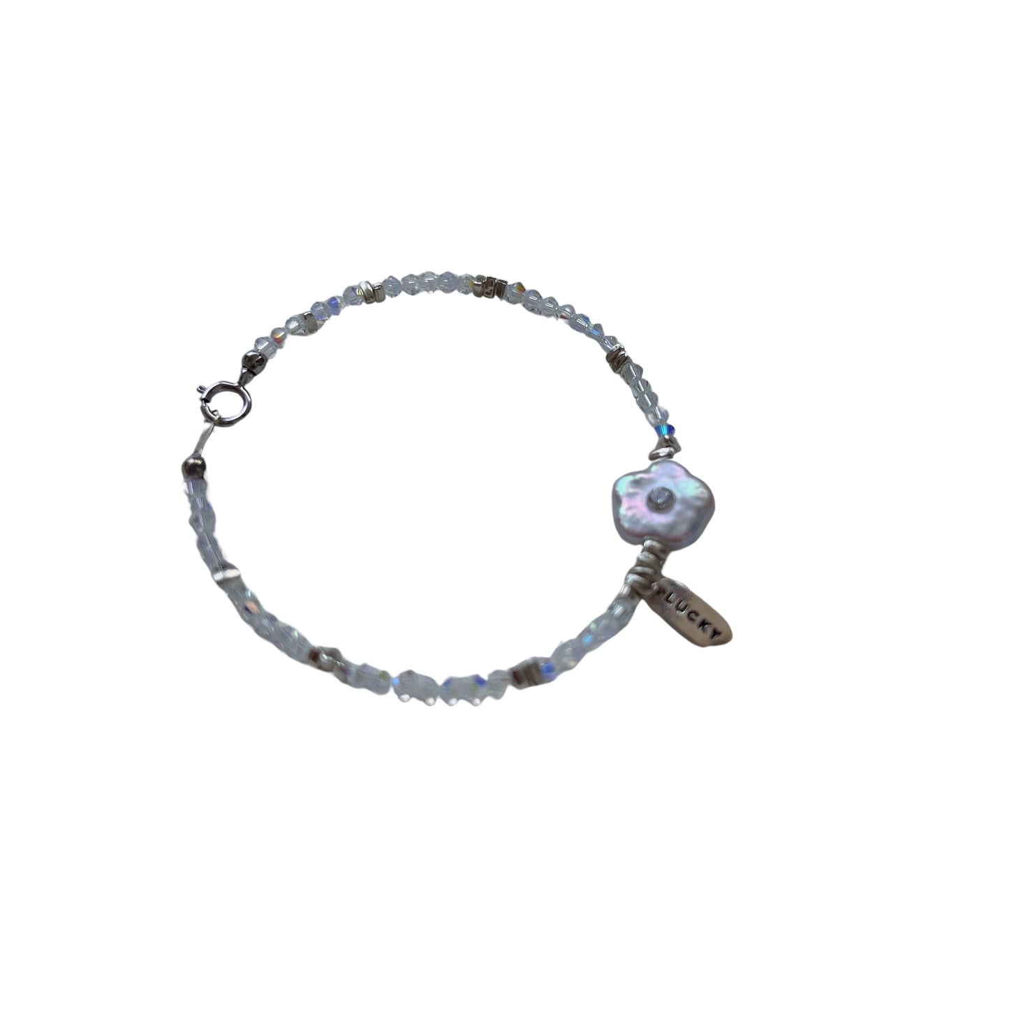 Charming Mother-of-Pearl Floral Charm Bracelet with Iridescent Beads and Pink Gemstone Accents